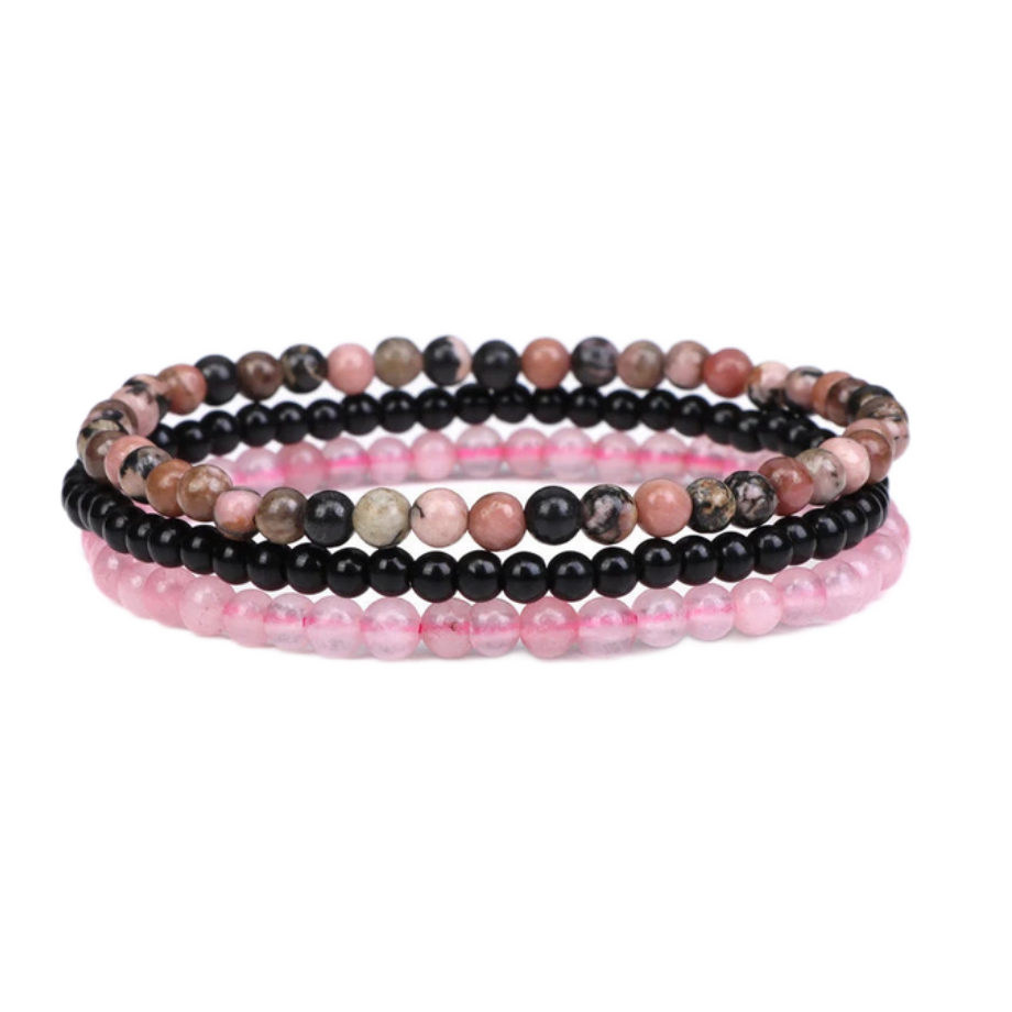 Harmonie Rosée - Trio de Bracelets en Rhodochrosite, Verre Noir et Quartz Rose