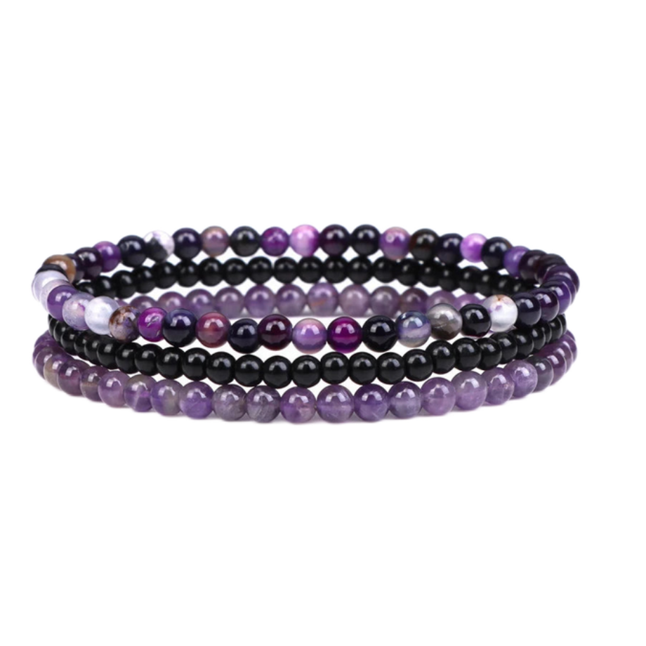 Harmonie Pourpre - Trio de Bracelets en Agate Violette, Verre Noir et Améthyste