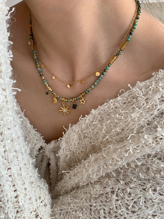 Peri'sBox Vintage Natural Stone Beads Necklace Women's Charm Mang Star Pendant Can be Stacked Jewelry Gothic Jewelry Gifts