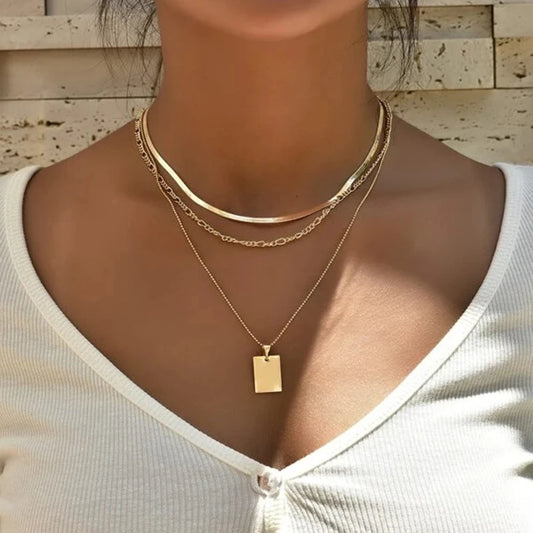 Fashion Multi-layered Snake Chain Necklace For Women Vintage Gold Color Stainless Steel Rectangle Pendant Necklace Party Jewelry