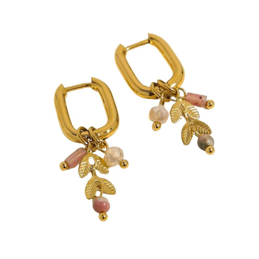 Feuilles d’Or et Perles de  Rêve - Boucles d’Oreilles en Rhodonite